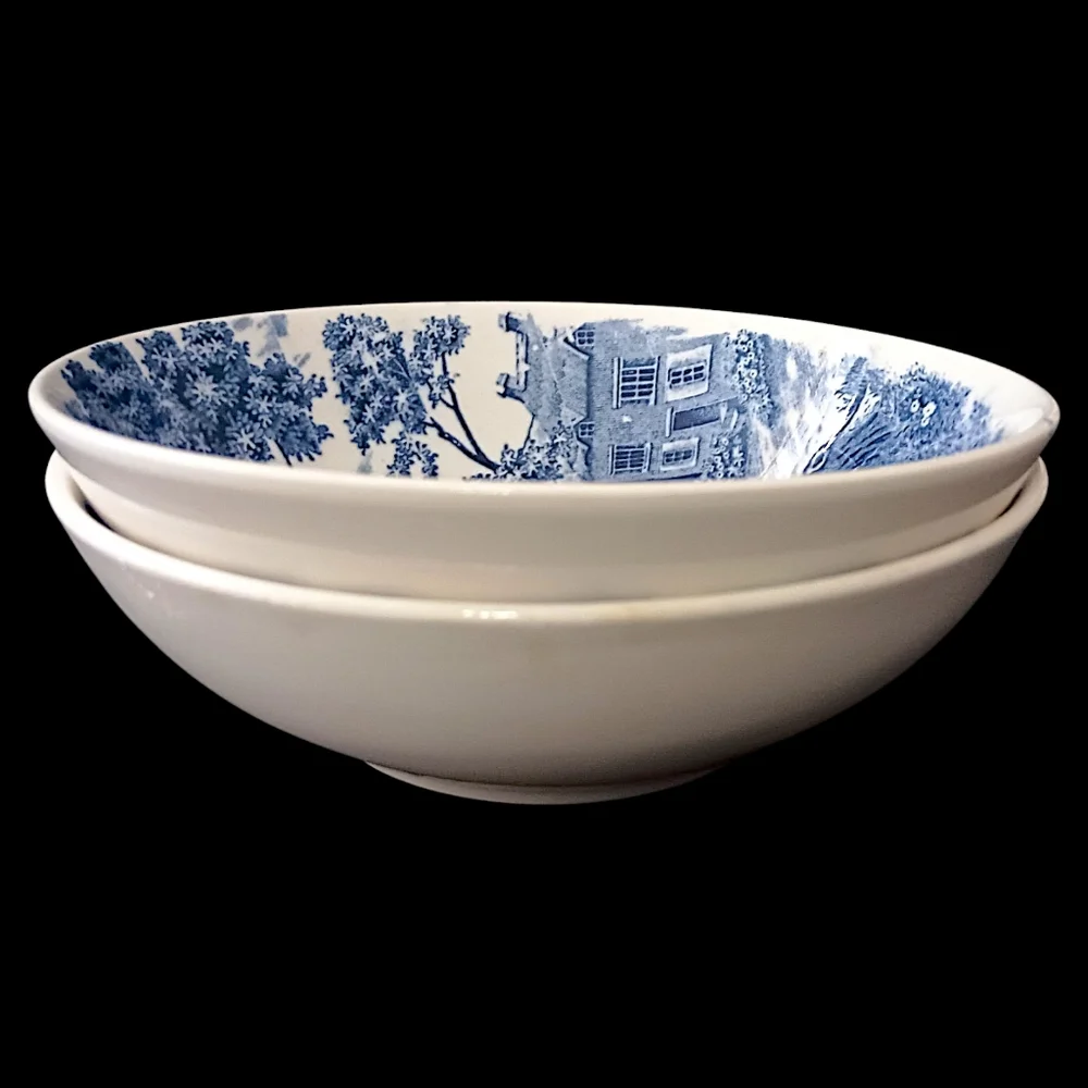 2 Holmar English Village Bowls Set Soup Cereal‎ Berry Blue White Vintage Japan